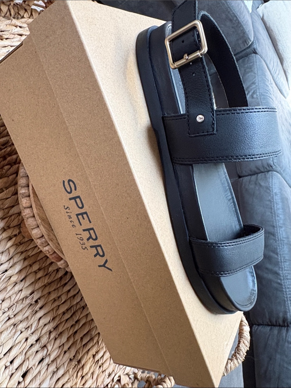 Sperry Black Leather Double-Strap Buckle Sandals